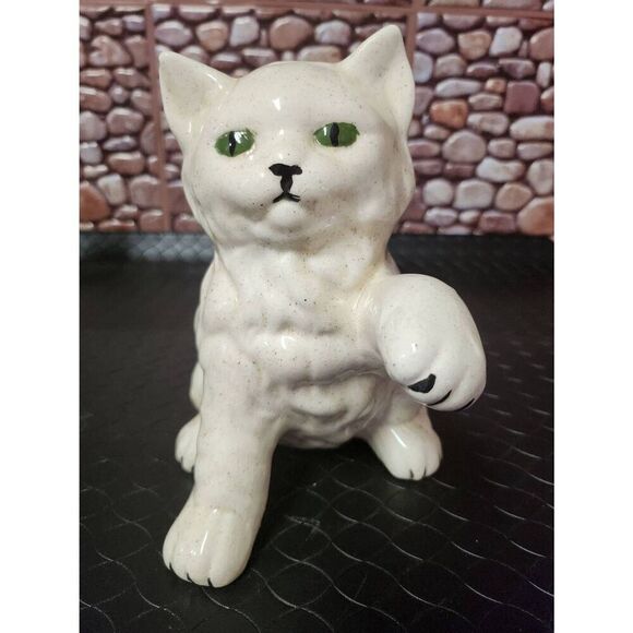 Vintage 8” Ceramic Cat White With Paw Up Figure - Picture 1 of 6